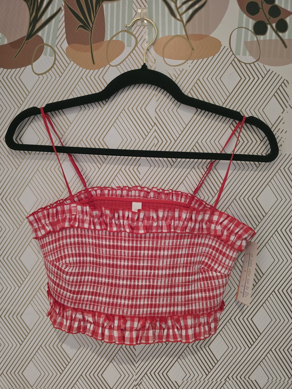 Colsie Women's Red Gingham Woven Bandeau Bralette/Smocked Crop Top - Picture 2 of 8